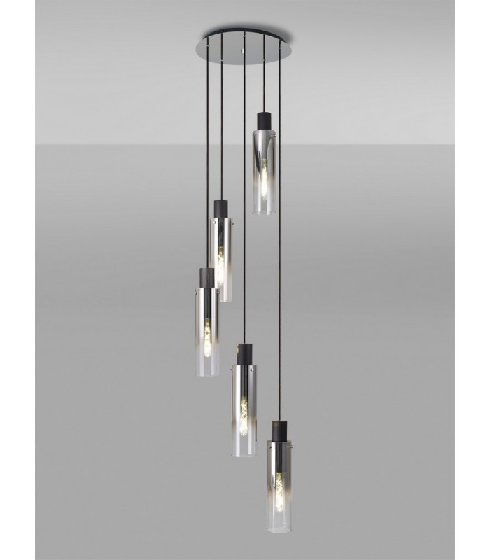 Round Pendant 5 Light Adjustable E27 Black Smoke Fade Glass-3