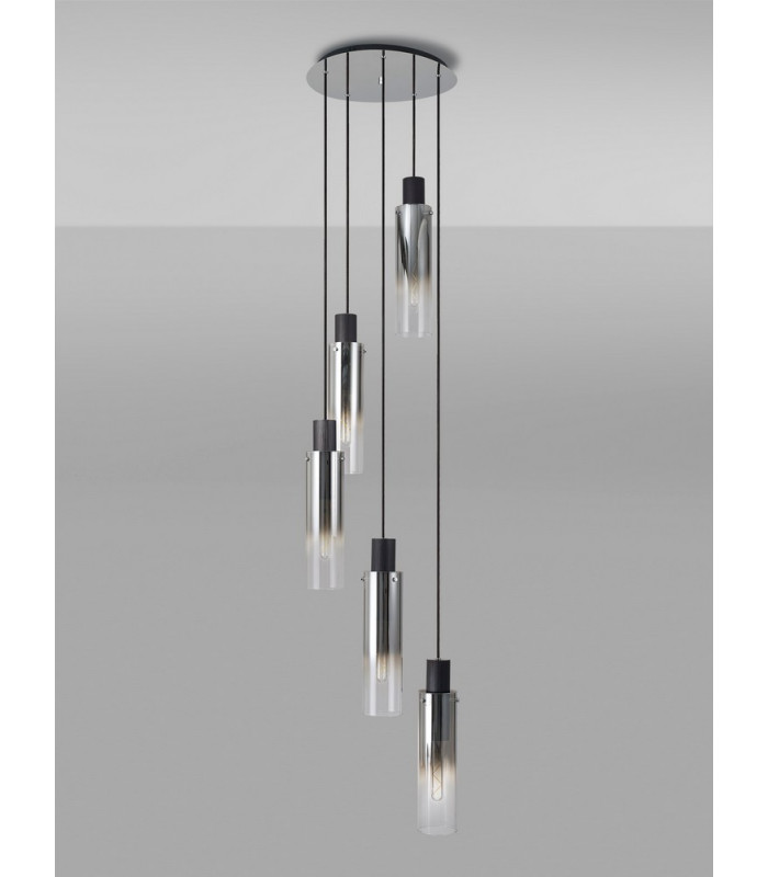 Round Pendant 5 Light Adjustable E27 Black Smoke Fade Glass-9
