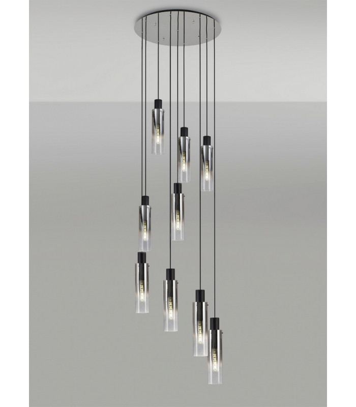 Round Pendant 9 Light Adjustable E27 Black Smoke Fade Glass-3