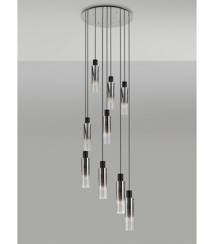 Round Pendant 9 Light Adjustable E27 Black Smoke Fade Glass-11