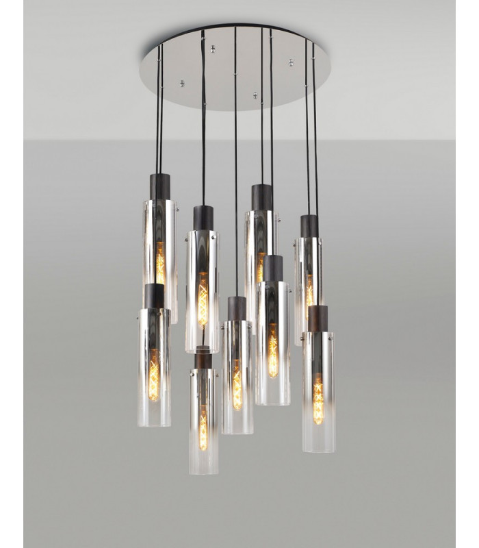 Round Pendant 9 Light Adjustable E27 Black Smoke Fade Glass-12