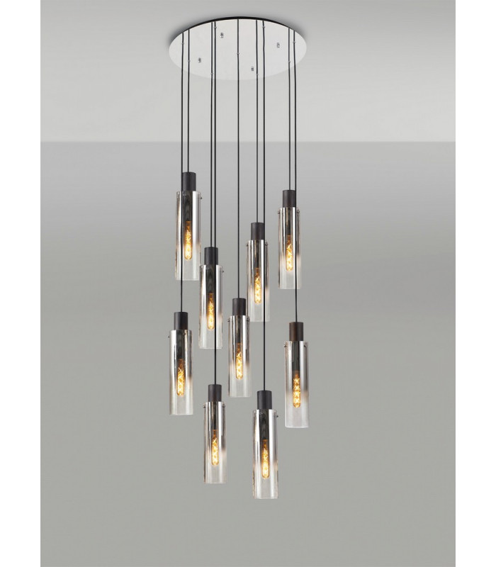 Round Pendant 9 Light Adjustable E27 Black Smoke Fade Glass-13