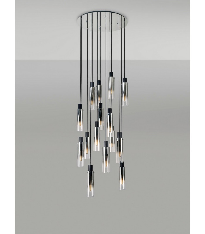 Round Pendant, 15 Light Adjustable E27, Black, Smoke Fade Glass, Item Weight: 25.3kg
