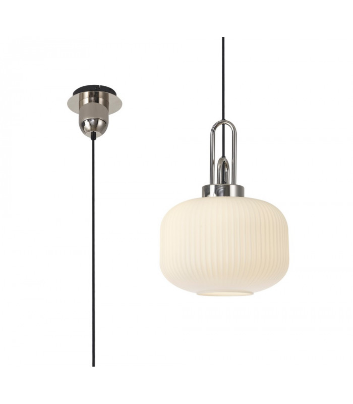 1 Light Pendant E27 With 30cm Pumpkin Shaped Ribbed Glass Opal Polished Nickel Matt Black-1