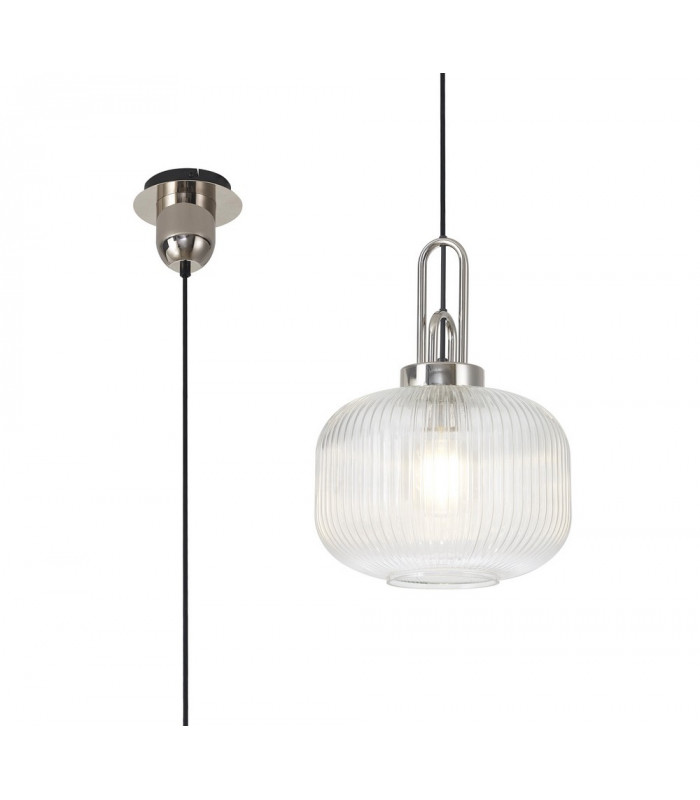 1 Light Pendant E27 With 30cm Pumpkin Shaped Ribbed Glass Clear Polished Nickel Matt Black-1