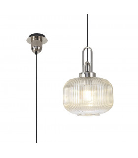 1 Light Pendant E27 With 30cm Pumpkin Shaped Ribbed Glass Champagne Polished Nickel Matt Black-1