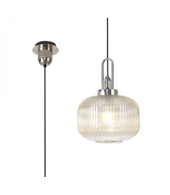 1 Light Pendant E27 With 30cm Pumpkin Shaped Ribbed Glass Champagne Polished Nickel Matt Black-1