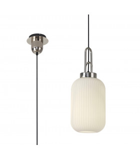 1 Light Pendant E27 With 20cm Tubular Ribbed Glass Opal Polished Nickel Matt Black-1