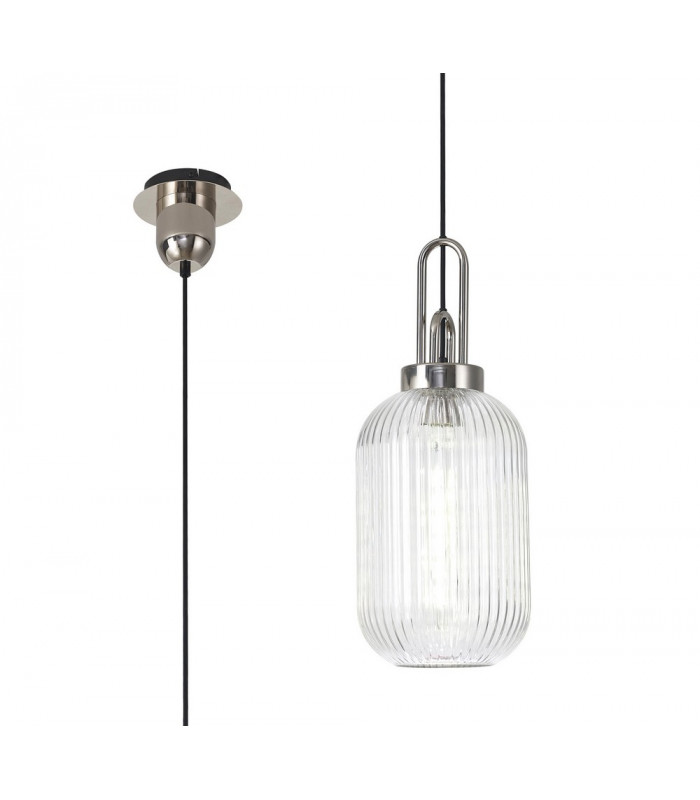 1 Light Pendant E27 With 20cm Tubular Ribbed Glass Clear Polished Nickel Matt Black-1