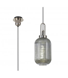 1 Light Pendant E27 With 20cm Tubular Ribbed Glass Smoked Polished Nickel Matt Black-1