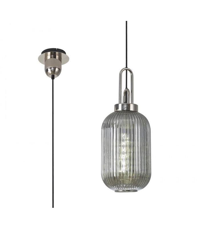 1 Light Pendant E27 With 20cm Tubular Ribbed Glass Smoked Polished Nickel Matt Black-1