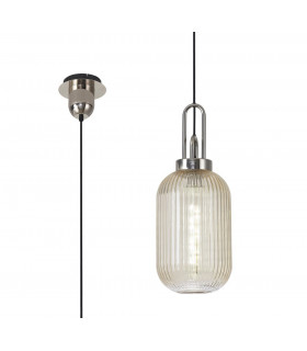 1 Light Pendant E27 With 20cm Tubular Ribbed Glass Champagne Polished Nickel Matt Black-1
