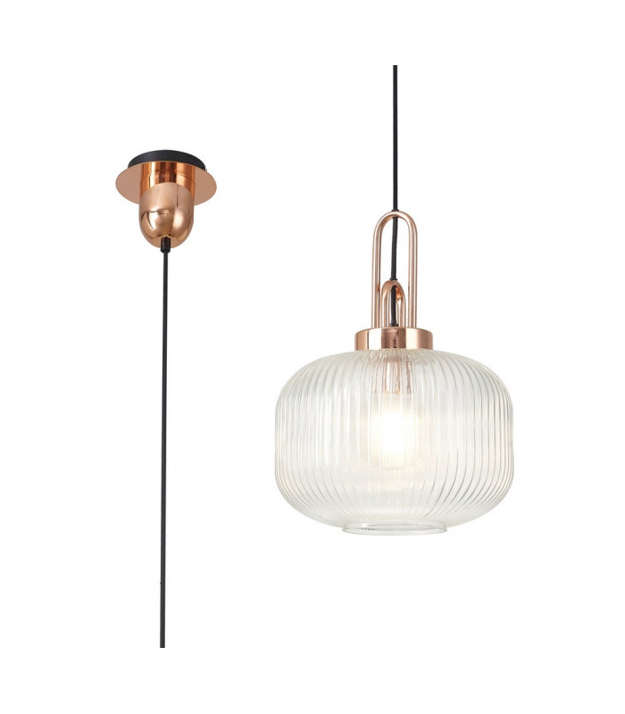 1 Light Pendant E27 With 30cm Pumpkin Shaped Ribbed Glass Clear Copper Matt Black-1