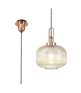1 Light Pendant E27 With 30cm Pumpkin Shaped Ribbed Glass Champagne Copper Matt Black-1