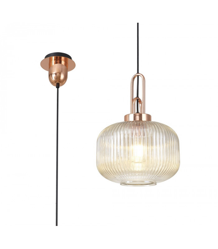 1 Light Pendant E27 With 30cm Pumpkin Shaped Ribbed Glass Champagne Copper Matt Black-1