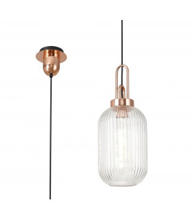 1 Light Pendant E27 With 20cm Tubular Ribbed Glass Clear Copper Matt Black-1