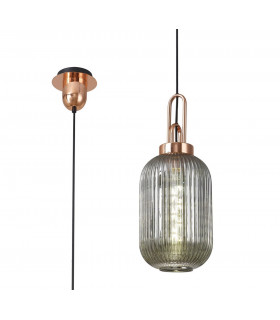 1 Light Pendant E27 With 20cm Tubular Ribbed Glass Smoked Copper Matt Black-1