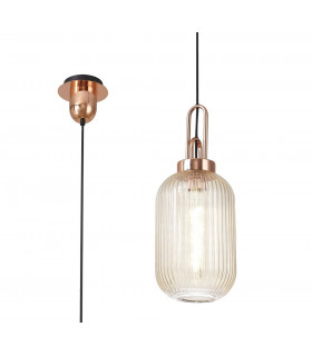 1 Light Pendant E27 With 20cm Tubular Ribbed Glass Champagne Copper Matt Black-1