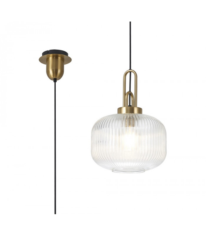 1 Light Pendant E27 With 30cm Pumpkin Shaped Ribbed Glass Clear Brass Gold Matt Black-1