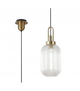 1 Light Pendant E27 With 20cm Tubular Ribbed Glass Clear Brass Gold Matt Black-1