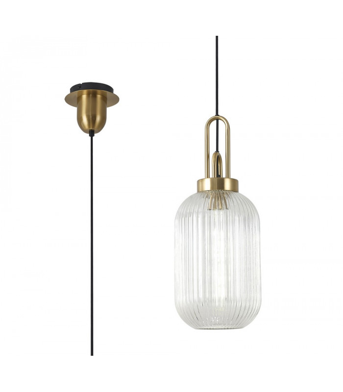 1 Light Pendant E27 With 20cm Tubular Ribbed Glass Clear Brass Gold Matt Black-1