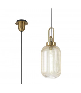 1 Light Pendant E27 With 20cm Tubular Ribbed Glass Champagne Brass Gold Matt Black-1