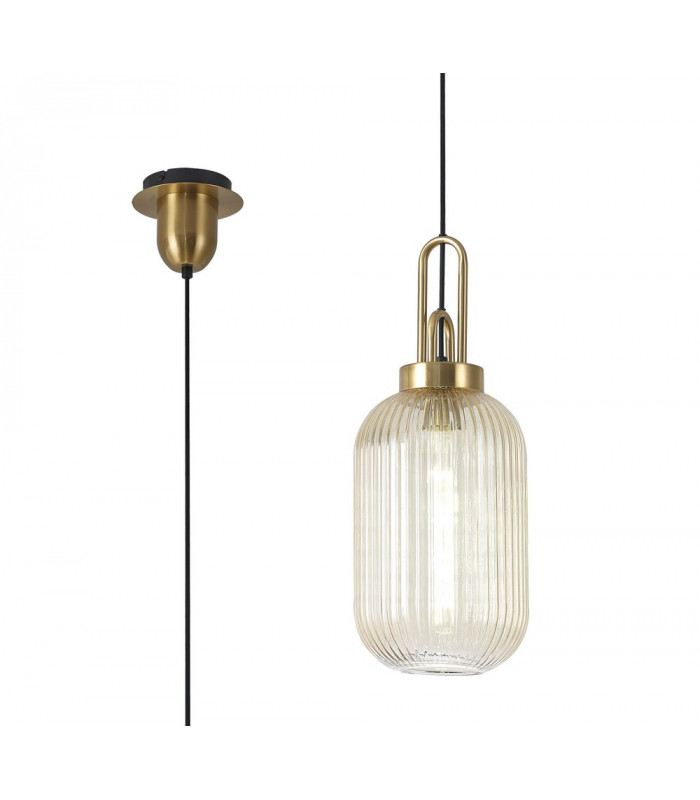 1 Light Pendant E27 With 20cm Tubular Ribbed Glass Champagne Brass Gold Matt Black-1