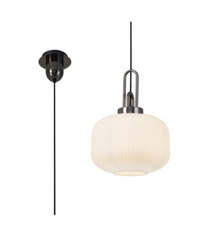 1 Light Pendant E27 With 30cm Pumpkin Shaped Ribbed Glass Opal Black Chrome Matt Black-1