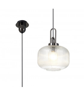 1 Light Pendant E27 With 30cm Pumpkin Shaped Ribbed Glass Clear Black Chrome Matt Black-1