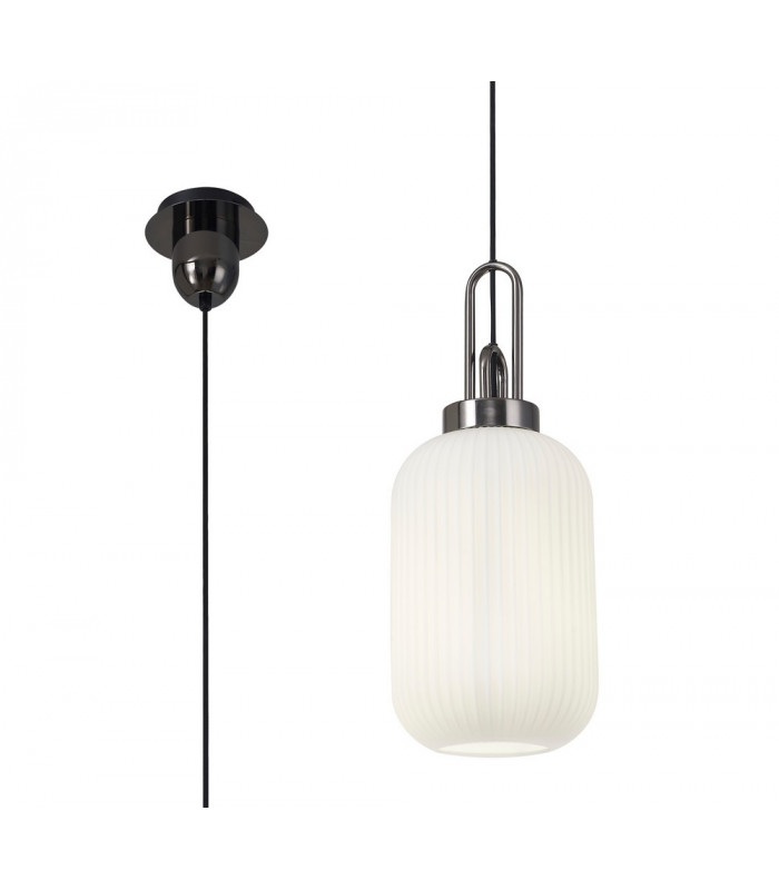 1 Light Pendant E27 With 20cm Tubular Ribbed Glass Opal Black Chrome Matt Black-1