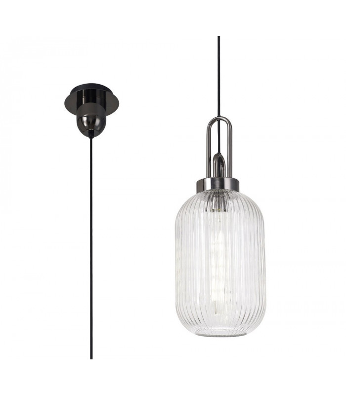 1 Light Pendant E27 With 20cm Tubular Ribbed Glass Clear Black Chrome Matt Black-1
