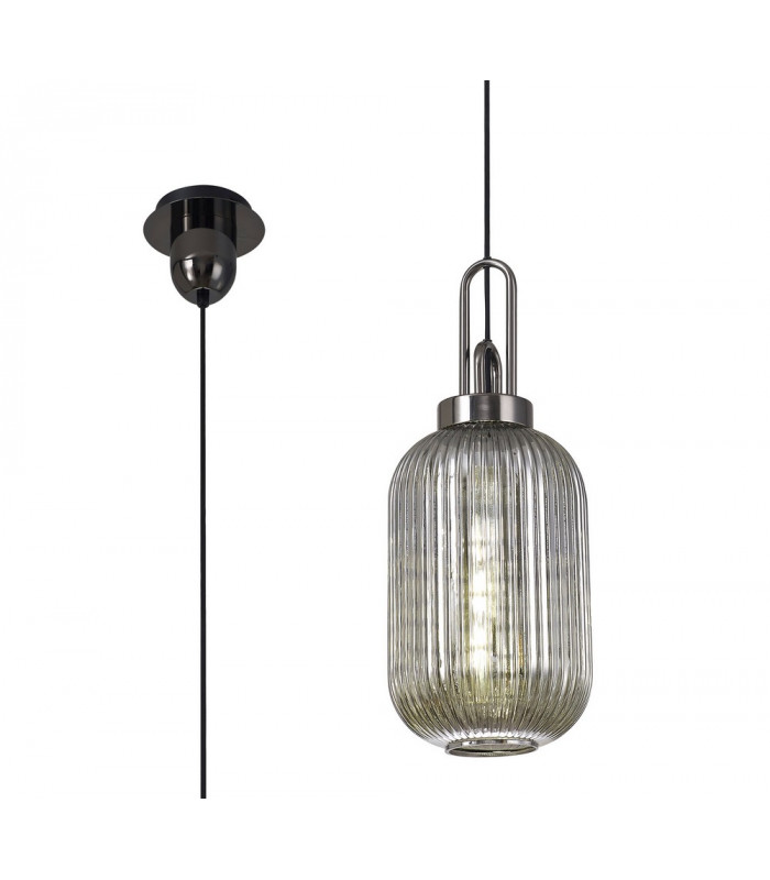 1 Light Pendant E27 With 20cm Tubular Ribbed Glass Smoked Black Chrome Matt Black-1