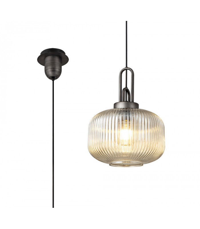 1 Light Pendant E27 30cm Pumpkin Shaped Ribbed Glass Champagne Black Aged Pewter-1