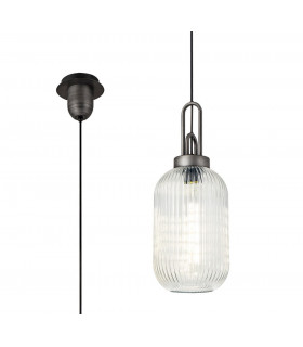 1 Light Pendant E27 20cm Tubular Ribbed Glass Clear Black Aged Pewter-1