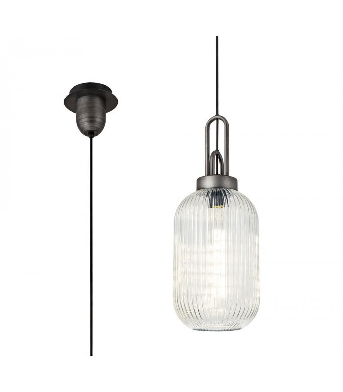 1 Light Pendant E27 20cm Tubular Ribbed Glass Clear Black Aged Pewter-1