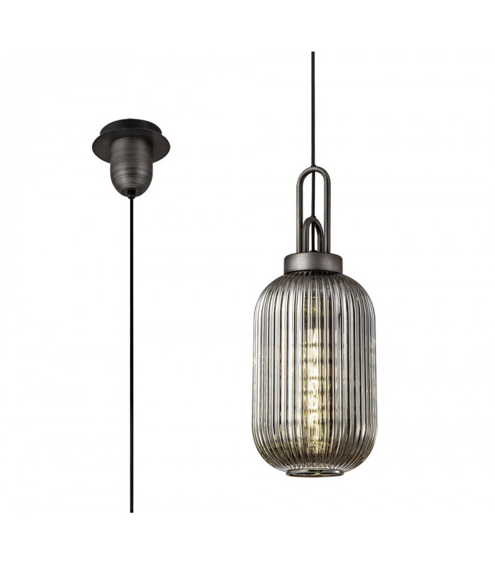 1 Light Pendant E27 20cm Tubular Ribbed Glass Smoked Black Aged Pewter-1