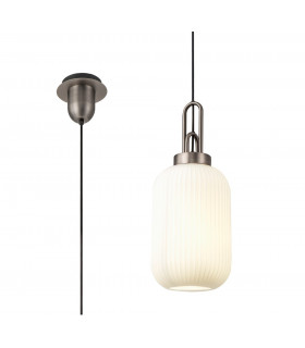 1 Light Pendant E27 20cm Tubular Ribbed Glass Opal Antique Silver Black-1