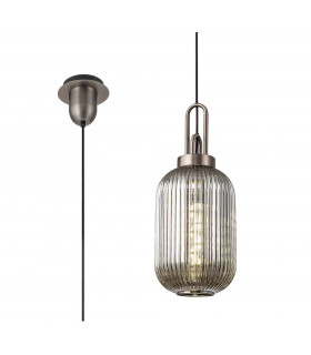 1 Light Pendant E27 20cm Tubular Ribbed Glass Smoked Antique Silver Black-1