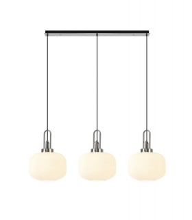 Linear 3 Light Pendant E27 Polished Nickel Matt Black With 30cm Round Ribbed Opal Glass-1