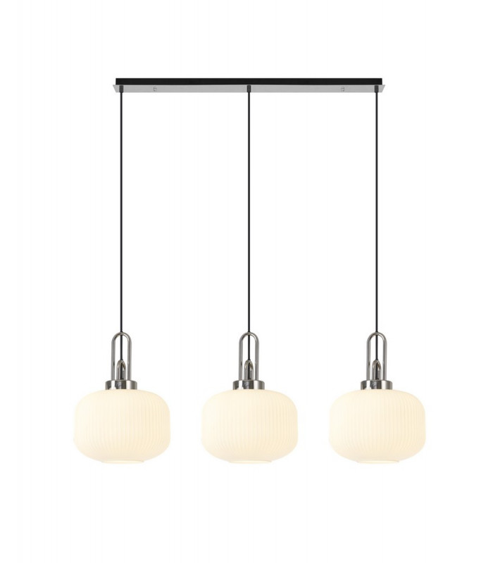 Linear 3 Light Pendant E27 Polished Nickel Matt Black With 30cm Round Ribbed Opal Glass-1