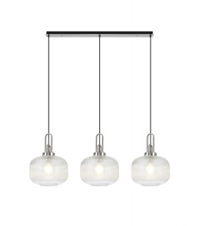 Linear 3 Light Pendant E27 Polished Nickel Matt Black With 30cm Round Ribbed Clear Glass-1