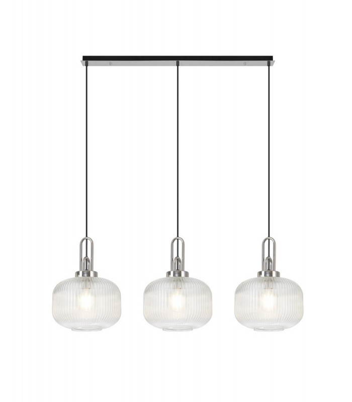 Linear 3 Light Pendant E27 Polished Nickel Matt Black With 30cm Round Ribbed Clear Glass-1