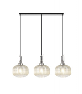 Linear 3 Light Pendant E27 Polished Nickel Matt Black With 30cm Round Ribbed Champagne Glass-1