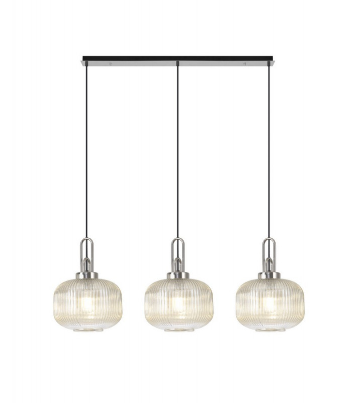 Linear 3 Light Pendant E27 Polished Nickel Matt Black With 30cm Round Ribbed Champagne Glass-1