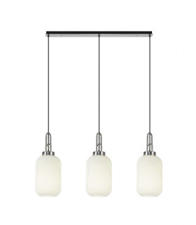 Linear 3 Light Pendant E27 With 20cm Tubular Ribbed Glass Opal Polished Nickel Matt Black-1
