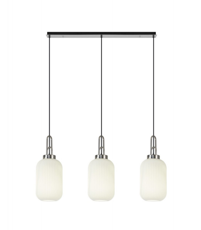Linear 3 Light Pendant E27 With 20cm Tubular Ribbed Glass Opal Polished Nickel Matt Black-1
