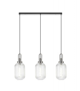 Linear 3 Light Pendant E27 With 20cm Tubular Ribbed Glass Clear Polished Nickel Matt Black-1
