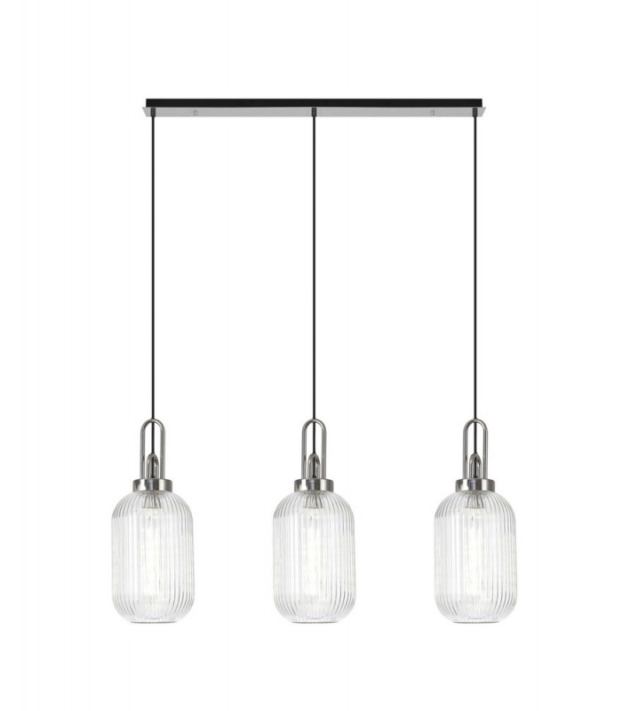Linear 3 Light Pendant E27 With 20cm Tubular Ribbed Glass Clear Polished Nickel Matt Black-1