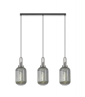 Linear 3 Light Pendant E27 With 20cm Tubular Ribbed Glass Smoked Polished Nickel Matt Black-1