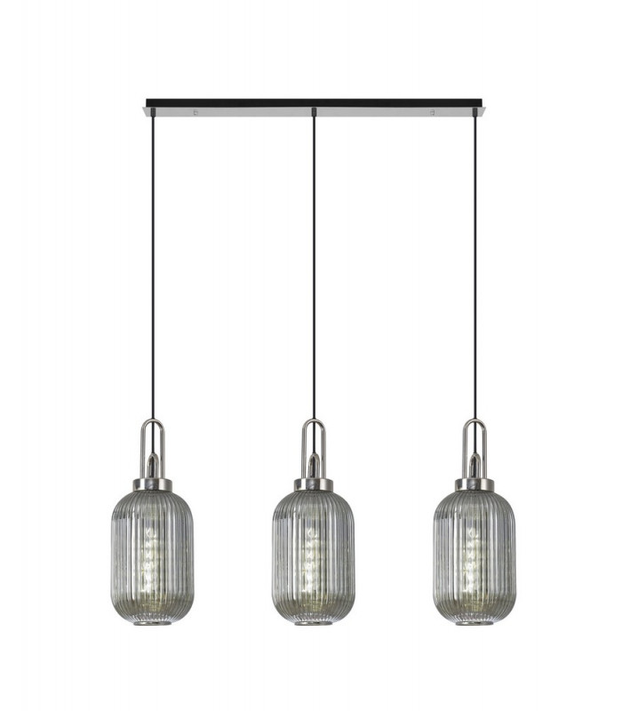 Linear 3 Light Pendant E27 With 20cm Tubular Ribbed Glass Smoked Polished Nickel Matt Black-1